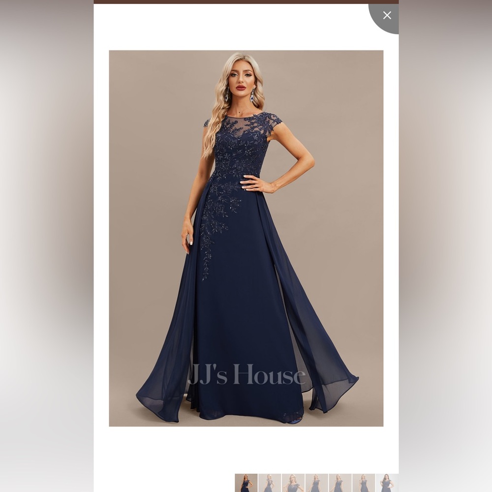 JJs House Navy Blue Lace Appliqué Chiffon Maxi Gown